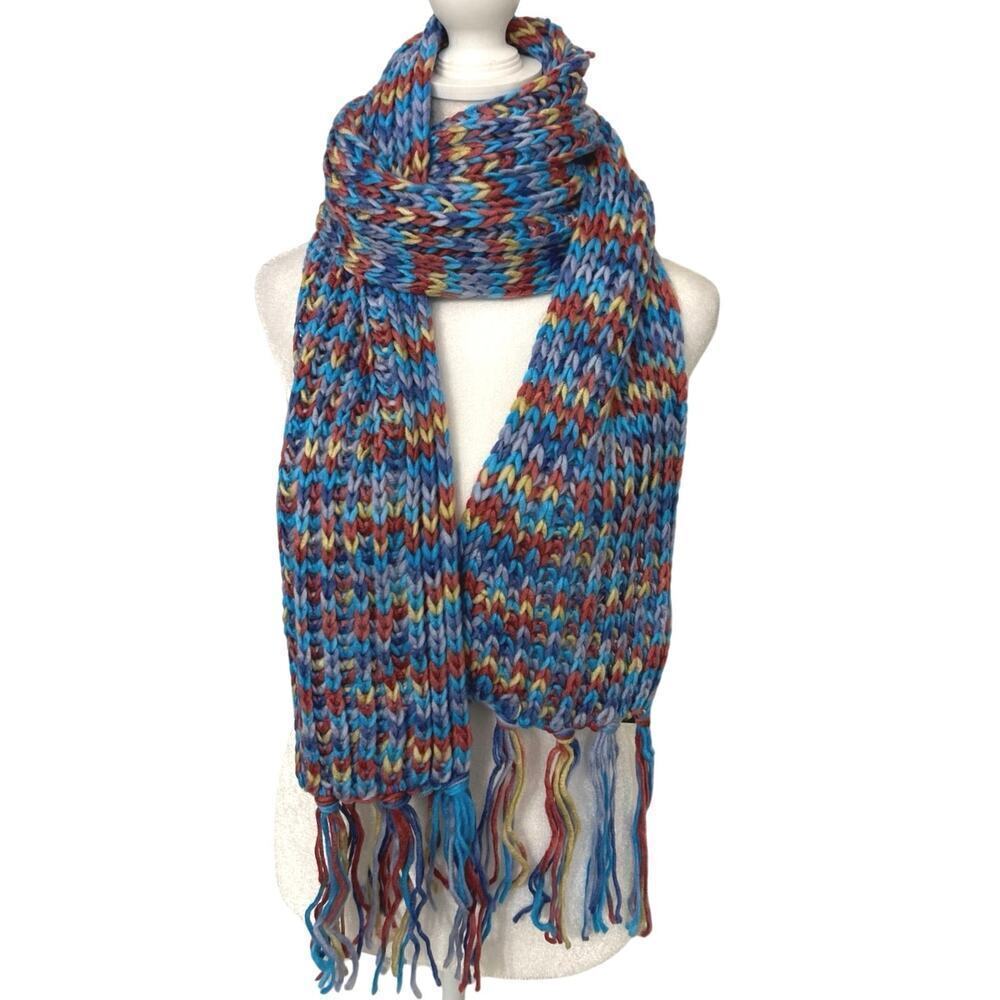 RIKKA NWT Blue Yellow Red Multi Color Crochet Fringe Winter Scarf